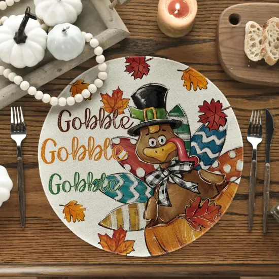 Set of 4 Gobble Turkey Maple Leaves Thanksgiving Placemats - 15 Inch (Brown/Beige) {2}