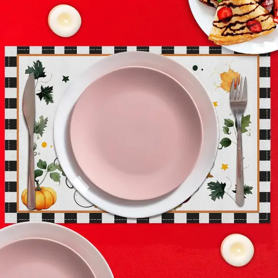 Set of 4 Linen Pumpkins Leaves Placemats - 12x18 Inches {3}