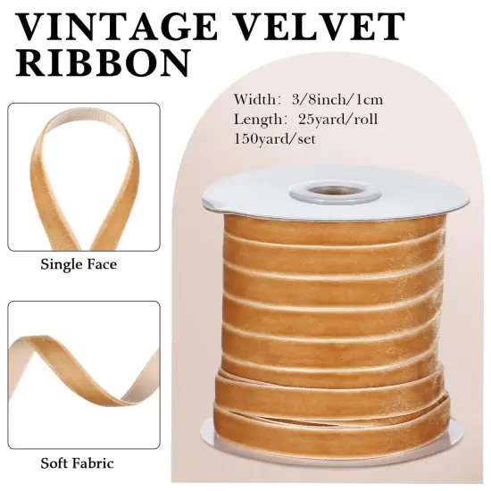 6 Rolls Velvet Ribbon 3/8 Inch Wide Total 150 Yards Single Face Thin Velvet Ribbon for Wrapping Gift, Valentine's Day Tree Garland Decoration Wreath Craft Bow Making {6}