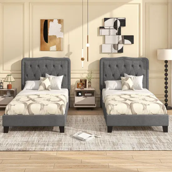 Twin Size Bed Frame with 46 Inch Tall Button Tufted Headboard-Gray {6}