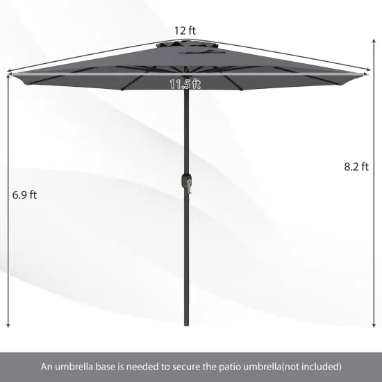 12 Feet Patio Umbrella, Fabric, Crank Handle, 8 Sturdy Ribs, Outdoor Shade for Garden & Deck Grey {5}
