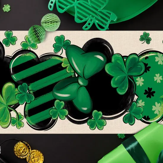 St. Patrick's Day Table Runner, Shamrock Clover Top Hat Stripes Ladybug Kitchen Dining Table Decor, Irish Spring Home Decoration Indoor Outdoor Party Supply 13 x 72 Inches {4}