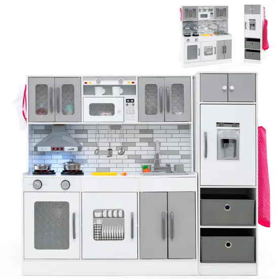 Wooden Pink Kitchen Playset with Lights & Sounds for Kids Ages 3+ Grey {3}