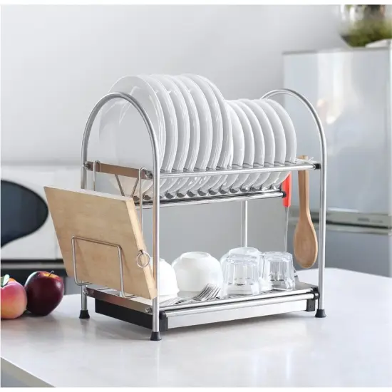 2-Tier Small Dish Drying Rack with Drainboard & Cutting Board Holder for Kitchen {1}
