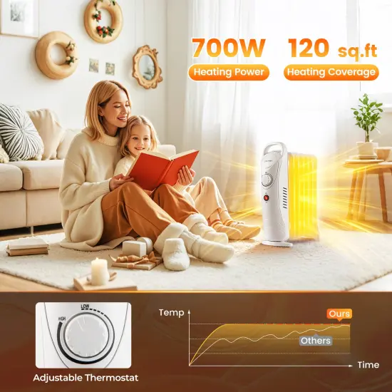 700W Electric Oil Filled Radiator Heater with Adjustable Thermostat-White {6}