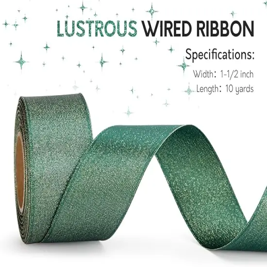 Christmas Ribbon Wired Green Satin Ribbons 1-1/2 Inch Double-Faced Gold Glitter for Tree Decoration, Wreath, Gift Wrapping, Home Decor 10 Yards {3}