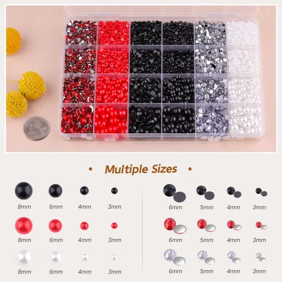 9000PCS Flatback Pearls and Rhinestones for Crafting, Red White Black Mixed Size 3-10mm Resin Rhinestones and Half Pearls for Bedazzling, Nail Art and Decoration with Tweezer and Pickup Pencil {5}