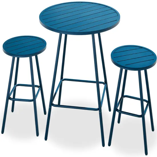Best Choice Products 3-Piece Steel Patio Bar Height Round Bistro Set w/ Backless Stools, Slatted Design Peacock Blue {1}