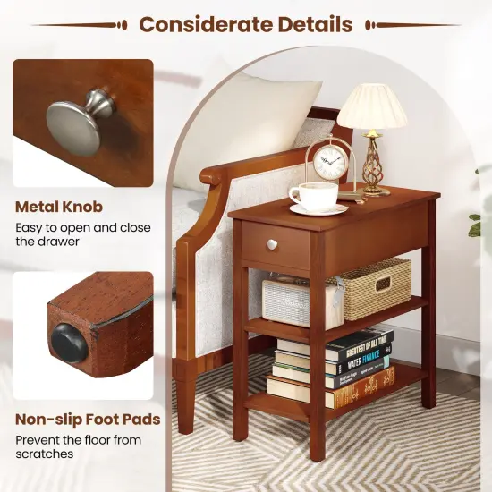 3-Tier Narrow End Table with Drawer and Storage Shelves Set of 2-Brown {6}
