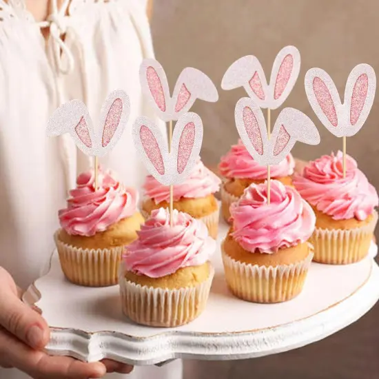 24 Pack Easter Bunny Ear Cupcake Toppers, Pink Glitter Rabbit Ears Cupcake Picks, Easter Day Cake Toppers for Easter Theme Spring Birthday Baby Shower Party Supplies {3}
