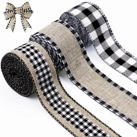 3 Rolls Christmas Buffalo Plaid Ribbon Wired Edge 9.9 Yard Plaid Burlap Ribbon Christmas Checked Burlap Ribbon for Christmas Tree Wrapping Crafts Decoration 1.5 inch Width(Black and White) {1}