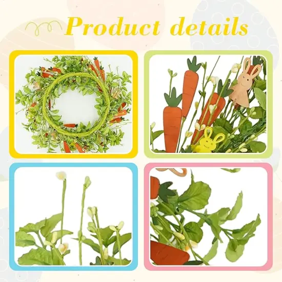 18Inch Easter Wreath for Front Door, Bunny Wreaths with Carrots, Spring Wreath Easter Decoration for Home Party Window Decor {4}