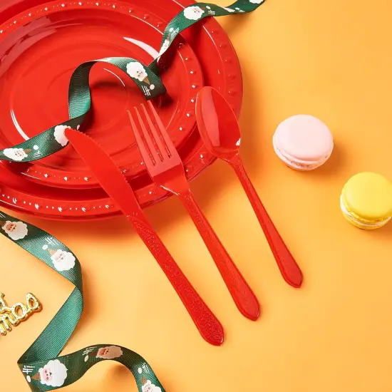 175 PCS Red Plastic Dinnerware Set Includes 50 Plates, 25 Cups, 25 Napkins, 25 Cutlery Spoons Forks & Knives, Disposable Dinnerware Set, Red Party Supplies Set {5}