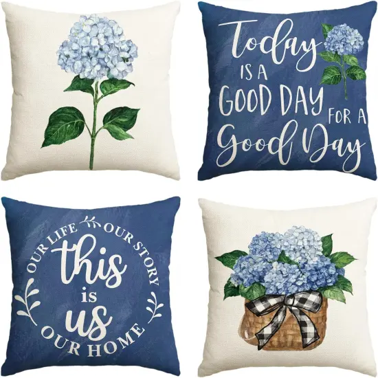 Blue Hydrangea Spring Summer Throw Pillow Covers, 18 x 18 Inch Today is A Good Day Dark Blue Cushion Case Decoration for Sofa Couch Set of 4 {1}