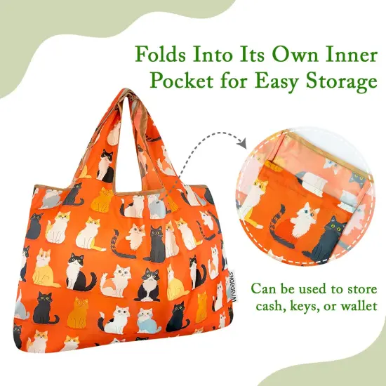 Wrapables Large & Small Foldable Tote Nylon Reusable Grocery Bags, Set of 2, Orange Kitties {3}