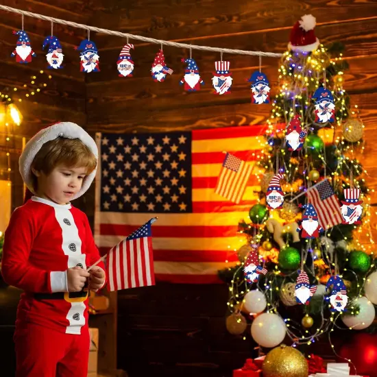 4th of July Gnome Ornaments Independence Day Hanging Decorations Patriotic Tree Decor Wooden Red White and Blue Wooden Gnome Hanging Decoration for Independence Memorial Day Party(24 Pieces) {4}