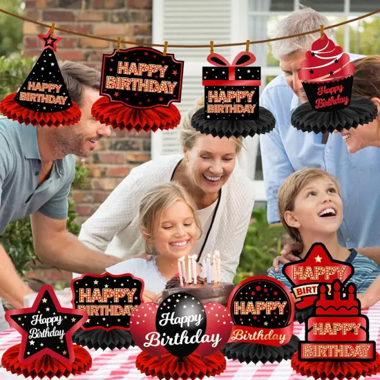 Happy Birthday Red and Black Table Honeycomb Centerpieces Balloons Theme Decor Table Decorations Table Toppers for Girls Women Princess 6th 21st 30th 40th 50th 60th Birthday Party Bday Supplies Gold {5}