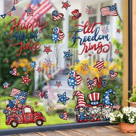 6 Sheets Patriotic Window Clings Happy 4th of July Window Stickers Gnome Truck Stars Firework USA Window Decals Independence Day Window Decor for Home School Office Party Glass Supplies {5}