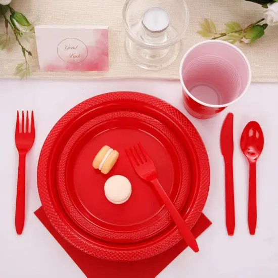 210 Pieces Red Party Supplies Disposable Dinnerware Set, Including Red Plastic Plates, 12OZ Cups, Plastic Cutlery and Paper Napkins {4}