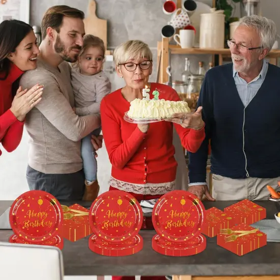 75Pcs Happy Birthday Red Glod Paper Plates and Napkins Party Supplies Set,Red Disposable Plates Party Supplies Includes Paper Napkins Forks Decorations {4}
