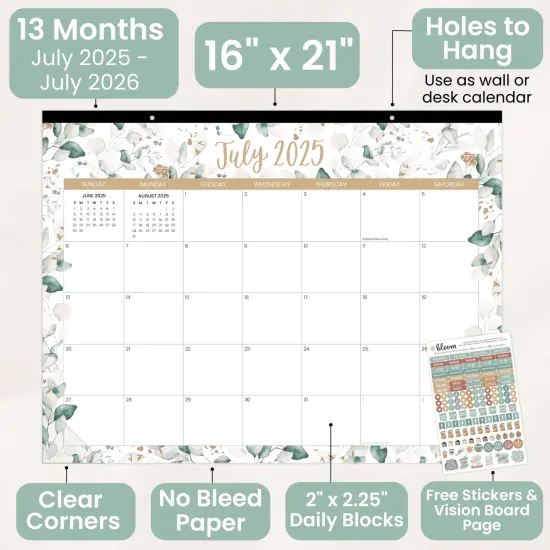 bloom daily planners 2025-26 Academic Desk & Wall Calendar, 16" x 21", Greenery {3}