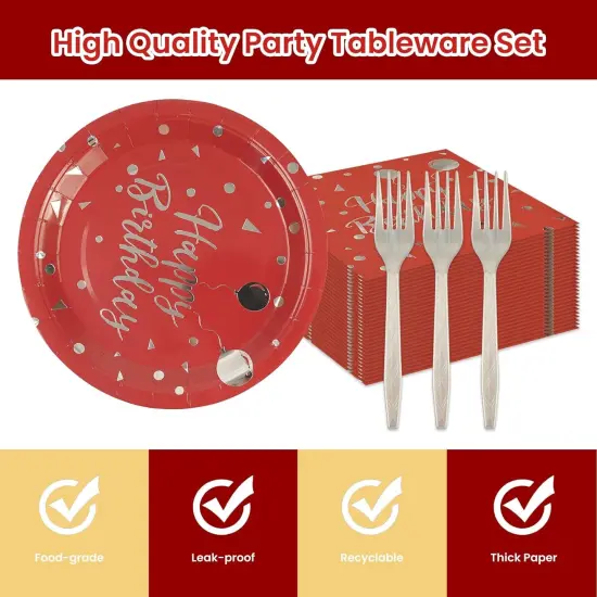 75PCS Happy Birthday Paper Plates Set, Disposable Party Dessert Plates Dinnerware Napkins Plastic Forks Tableware Guests for 2025 New Year Birthday Party Decoration, Serve 25 (Red, 7IN) {2}