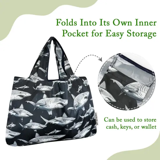 Wrapables Large & Small Foldable Tote Nylon Reusable Grocery Bags, Set of 2, Sharks in Black {3}