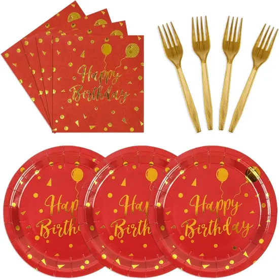 75Pcs Happy Birthday Red Glod Paper Plates and Napkins Party Supplies Set,Red Disposable Plates Party Supplies Includes Paper Napkins Forks Decorations {1}