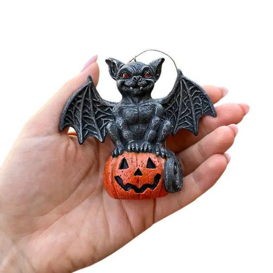 Spooky Gargoyle on a Pumpkin Ornament, Goth Halloween Themed Tree Decor {4}