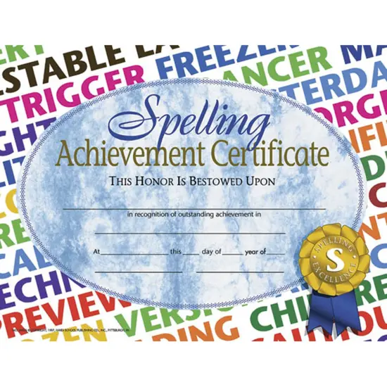 Spelling Achievement Certificate, 8.5" x 11", Pack of 30 {1}