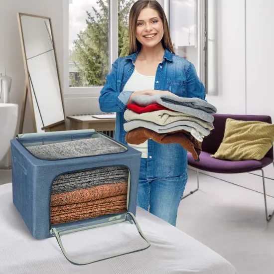 Sorbus 1 Pack Jumbo Storage Bin with Metal Frame, Storage Containers with Window & Handles, Stackable & Foldable Clothes Organizer Bag Blue {3}