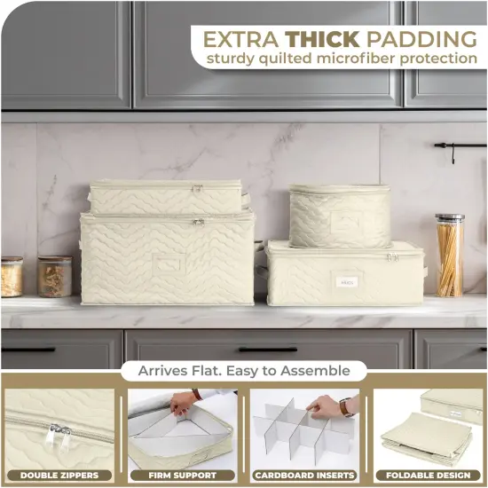 Sorbus China Platter Storage Containers - Serving Platter Storage Containers with Handles & Felt Dividers for Packing Dishes Beige {5}