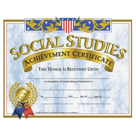 Social Studies Achievement Certificate, 8.5" x 11", Pack of 30 {1}