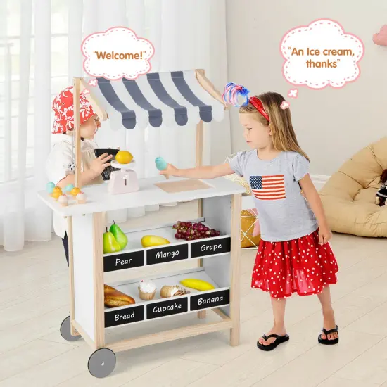 Costway Kids Ice Cream Cart Wooden Toddler Farmers Market Stand with Chalkboard & Storage White/Green {9}