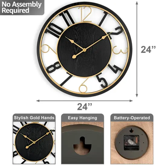 Sorbus Wooden Modern Wall Clock - Large 24-Inch Wall Clock - Battery Operated Analogfor Living Room and Kitchen D&eacute;cor Black {2}