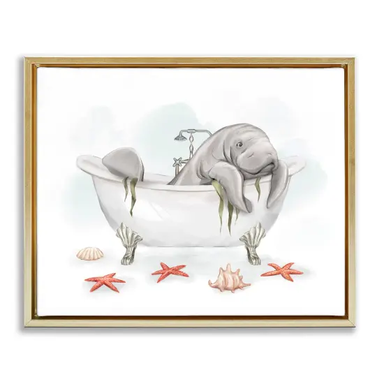 Stupell Industries Manatee Sea Life in Bathtub Framed Floater Canvas Wall Art Gold Floater Frame {1}