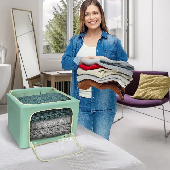 Sorbus 1 Pack Storage Bin with Metal Frame, Stackable Clothes Organizer Bag with Window & Handles, Organization for Bedding Linen & Clothing Teal {5}