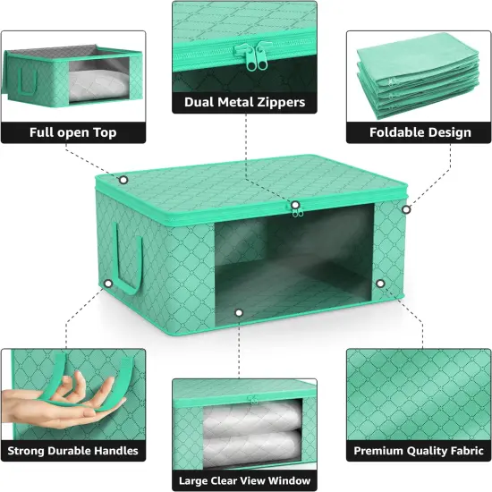 Sorbus Medium Clothes Storage Bag 1 Pack, Blanket Organizater Bin with Window, Lids, and Handles Teal {5}