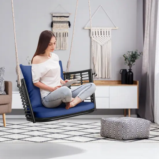 Costway Patio Hanging Rattan Basket Chair Swing Hammock Chair with Seat Cushion Navy/Grey/Beige {4}