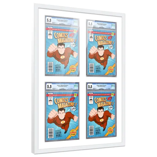 Comic Book Frame with Mat for 4 Graded Comics - White Wood Comic Frame With White Mat for 8.125x13 Comics - 20.75x30.5 Frame Size {2}