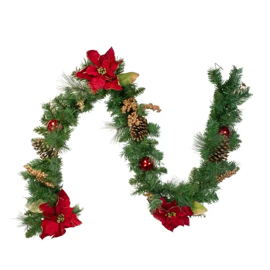 Northlight Frosted Mixed Pine and Poinsettias Artificial Christmas Garland - 6' x 10" - Unlit Green {6}