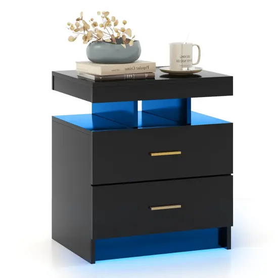 Costway LED Nightstand Set of 1/2 with 2 Storage Drawers Adjustable Light Mode Remote Control {7}