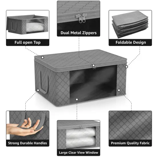 Sorbus Medium Clothes Storage Bags 6 Pack - Foldable Blanket Organizer Bins with Window, Lids, and Handles Gray {5}