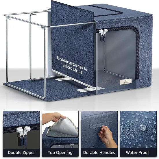 Sorbus Large Storage Bin with Divided Interior - Stackable & Foldable Organizer Containers with Metal Frame, Window, & Handles 1 Pack Blue {2}