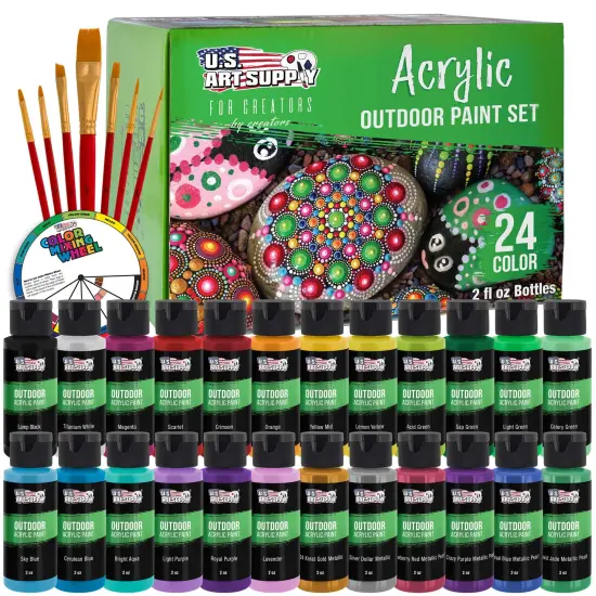 Professional 24 Color Outdoor Acrylic Paint Set, 2oz Bottles, with 7 Brush Kit - Vivid Colors for Painting Canvas, Rocks, Wood Crafts, Toys {1}