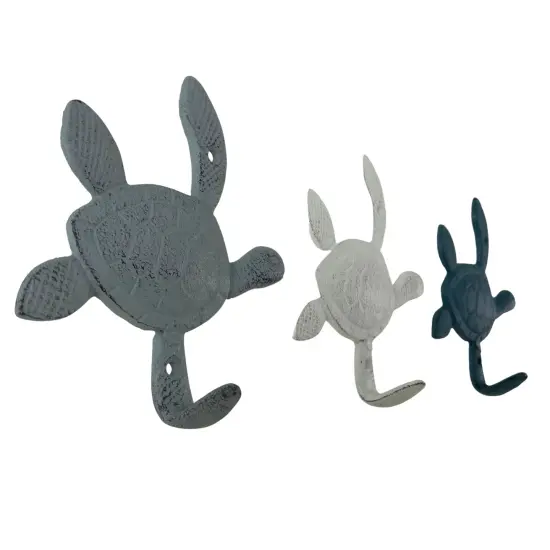 Cast Iron Sea Turtle Wall Hook Set – Blue, Gray, White, Indoor/Outdoor Use {3}