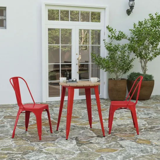 Merrick Lane Dryden Indoor/Outdoor Dining Table, 23.75" Round All Weather Poly Resin Top with Steel Base Brown Top/Red Frame {1}