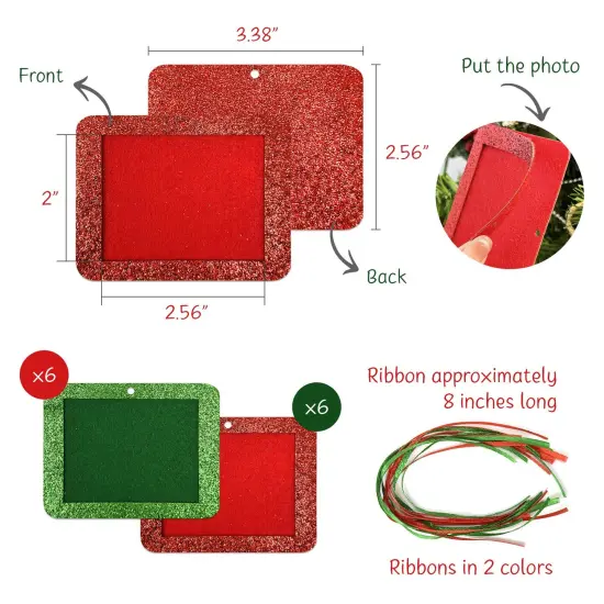 Wrapables Christmas Holiday Glittery Felt Photo Frame Ornaments (Set of 12), Red and Green Rectangle {2}