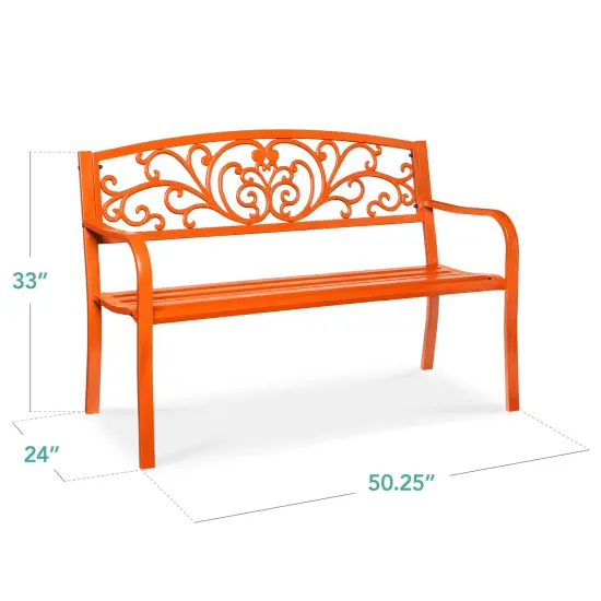 Best Choice Products Outdoor Steel Bench Garden Patio Porch Furniture w/ Floral Design Backrest Carrot {2}