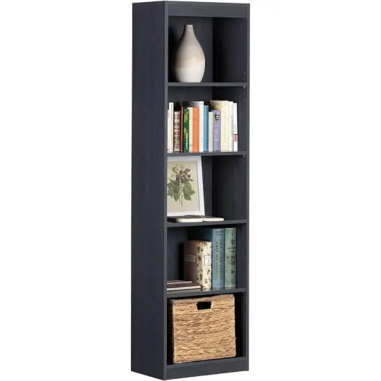 Narrow 5 Shelf Bookcase for Living Room in Dark Blue Black Finish Adjustable Freestanding Slim Storage Unit {2}